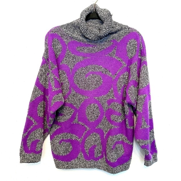 Vintage 80's 90's Graphic Print Chunky Knit Turtleneck Sweater Gray Purple M - Picture 1 of 9